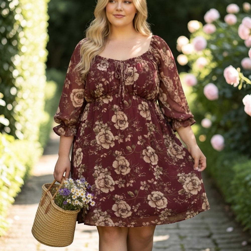 FLORAL DRESS 2X. CHIFFON, SHEER LONG SLEEVE, AUW KNEE DRESS. LINED. SMOCKED BACK